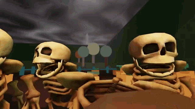 a group of skeletons are dancing together in a video game