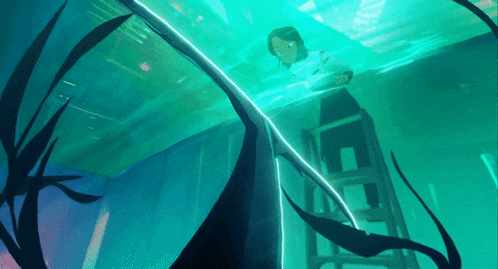 a woman is standing on a ladder in a pool of water