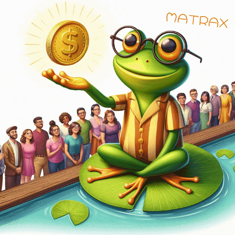 a frog sitting on a lily pad holding a gold coin with a dollar sign