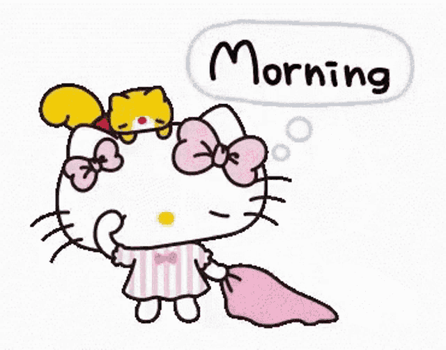 a cartoon of hello kitty holding a pillow and a cat sleeping on her head .