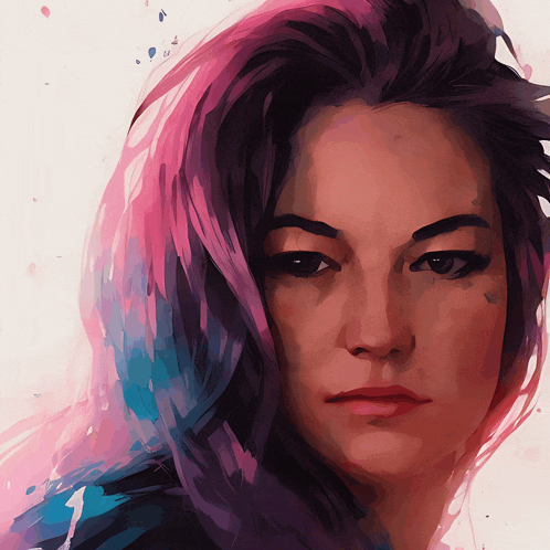 a painting of a woman with pink hair
