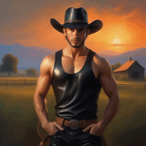 a man in a black tank top and cowboy hat