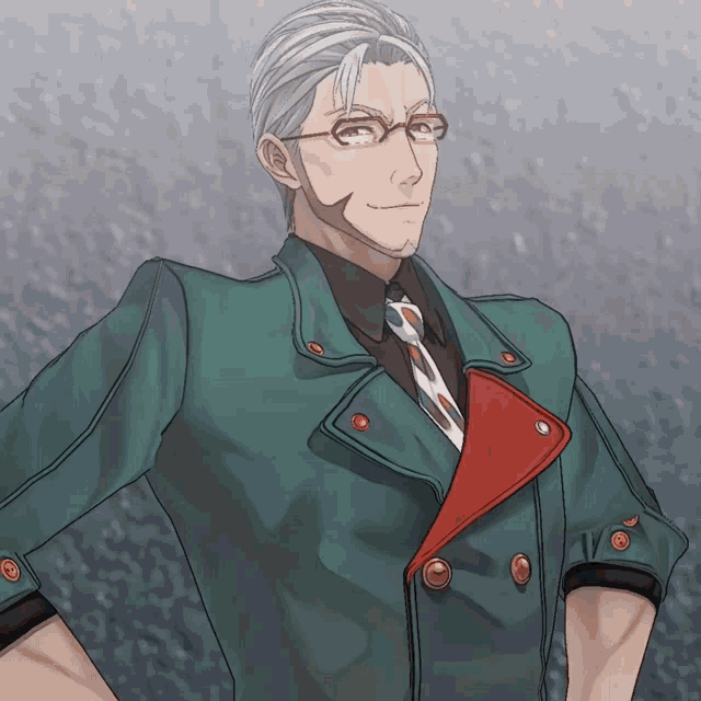 a man with glasses and a green jacket has a red collar