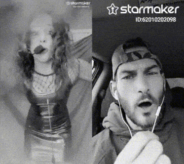 a black and white photo of a man and a woman with starmaker written on the bottom right