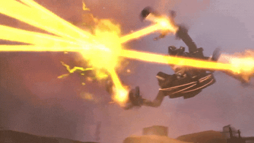 a robot is flying through the air and shooting a beam of light .
