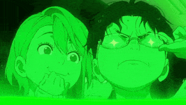 a group of anime characters are looking at something in green light