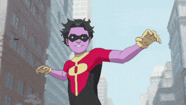 a cartoon character with purple hair and a red and black outfit