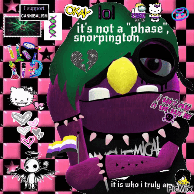 a picture of a purple bird with a green hat that says " it 's not a phase snorpington "