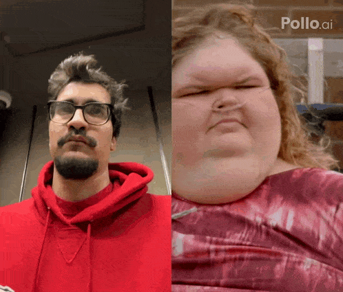 a man in a red hoodie next to a woman in a pink shirt with a sign that says pollo.ai
