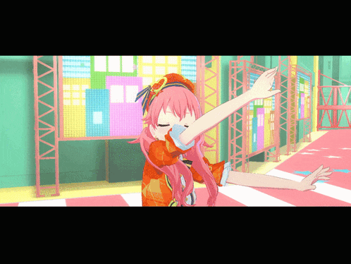 a girl with pink hair is doing a dab in a video game