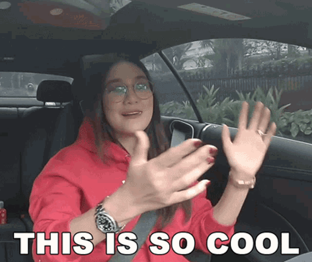 a woman in a red hoodie is sitting in a car with the words " this is so cool " above her