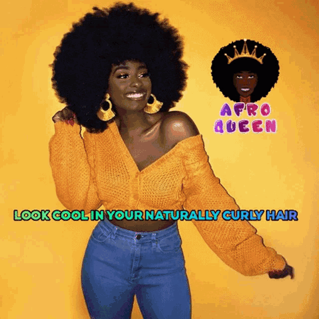 a woman with afro hair wearing a yellow sweater and blue jeans