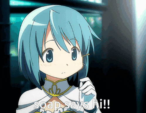 a blue haired anime girl says soap says hi