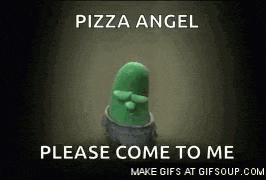 a green cartoon character is standing in front of a sign that says pizza angel please come to me