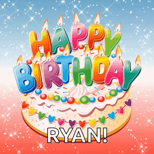 a colorful birthday cake with the name ryan on the bottom