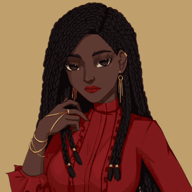 a cartoon drawing of a woman with braids and gold jewelry