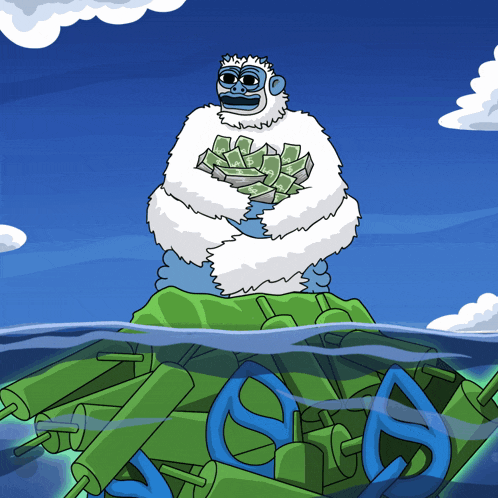 a cartoon of a yeti holding money on top of a green island