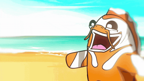a cartoon of a clown fish on a beach
