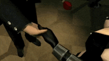 a man is holding a woman 's hand in a video game while holding a gun .