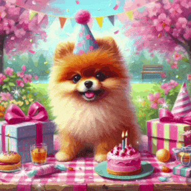 a pomeranian dog wearing a party hat is sitting at a table with a birthday cake and presents