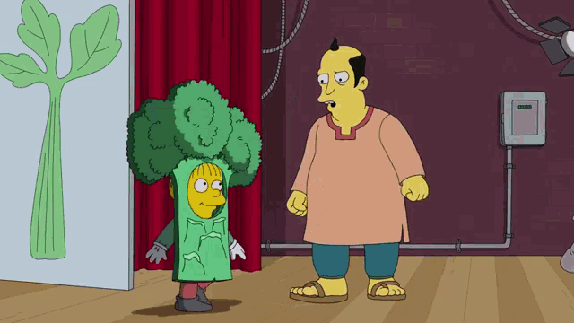 two cartoon characters are standing next to each other and one of them is dressed as broccoli