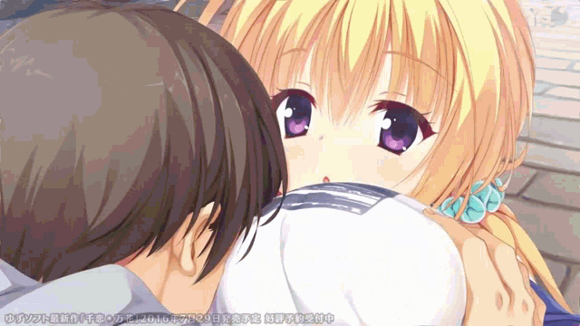 a girl with purple eyes is being held by a boy