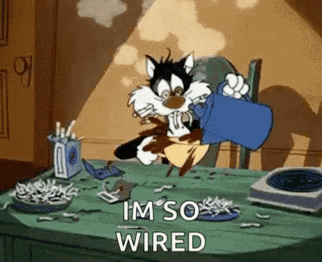 a cartoon cat is sitting at a messy desk holding a cup and says i 'm so wired .