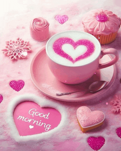 a cup of coffee on a saucer with a pink heart in the foam and a sign that says good morning
