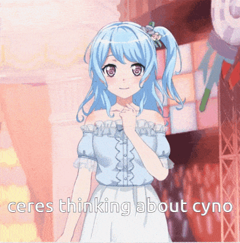 a picture of a girl with blue hair and the words ceres thinking about cyno