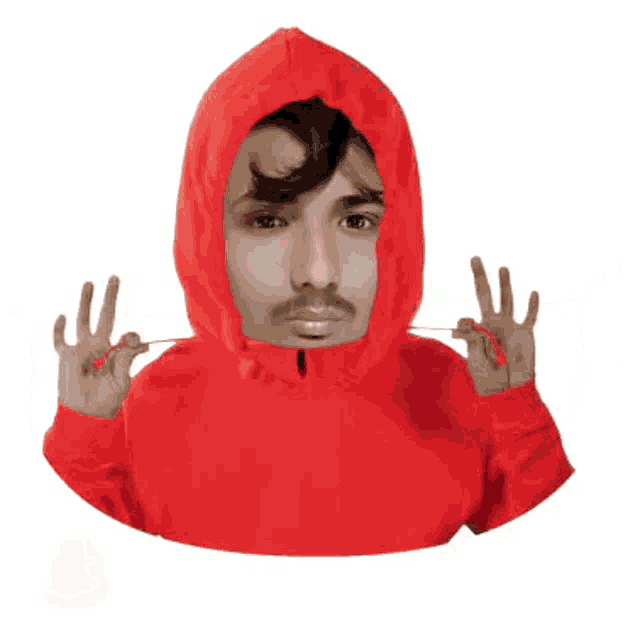 a man wearing a red hoodie is making a peace sign with his hands