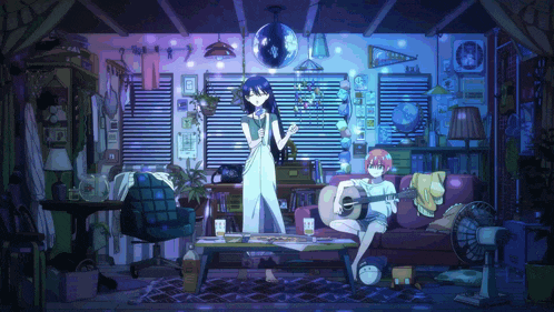 a girl singing into a microphone while another girl plays a guitar in a living room