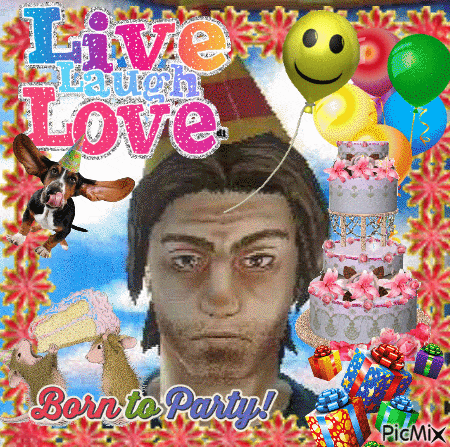 a picture of a man surrounded by balloons and gifts with the words live laugh love