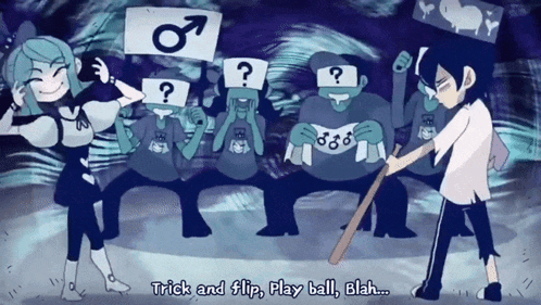 a cartoon of a man holding a bat with the words trick and flip play ball blah below him