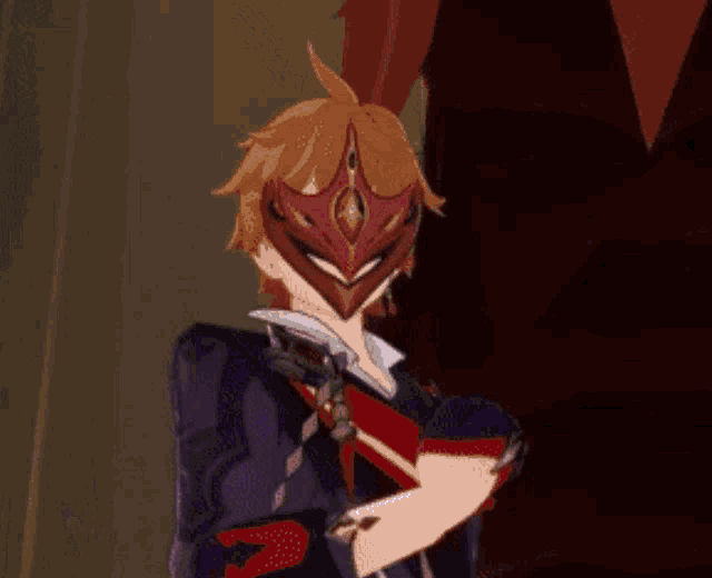 a man in a mask is holding a purple sword in his hand .