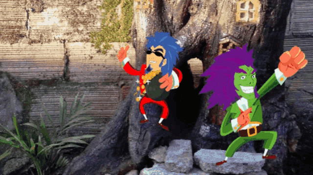 a cartoon character with purple hair is standing next to a cartoon character with green hair