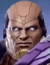 a close up of a man 's face wearing a helmet and holding a sword .