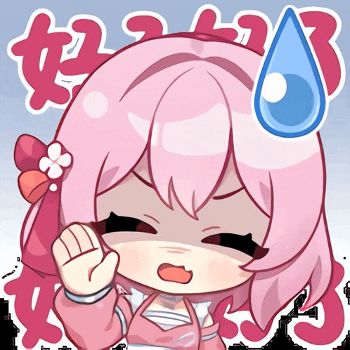 a cartoon drawing of a girl with pink hair and a blue drop