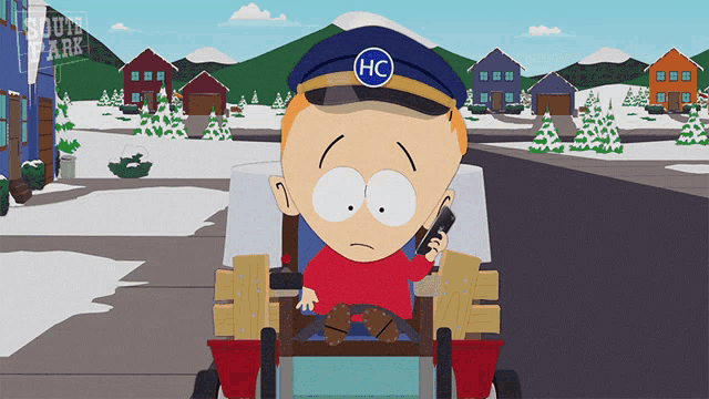 a cartoon character from south park talking on a phone
