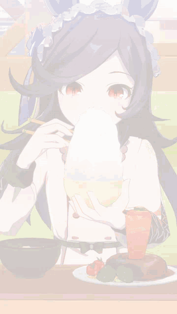 a girl with a purple headband is eating a bowl of rice