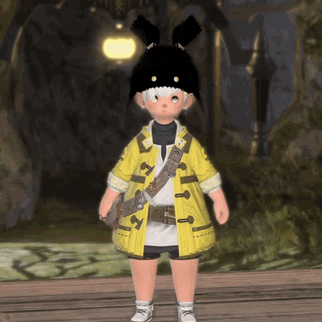 a cartoon character wearing a yellow jacket and a black hat