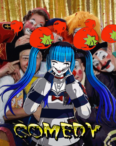 a group of clowns are posing for a picture and the word comedy is on the bottom right