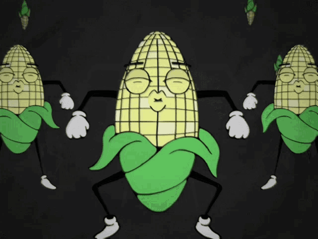 a cartoon drawing of corn on the cob with glasses