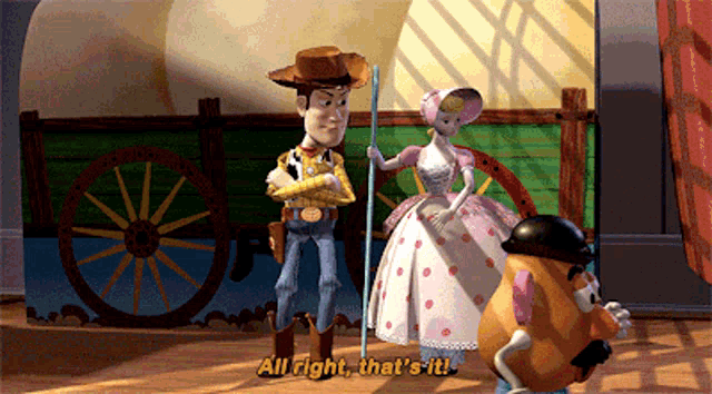 woody and bo peep from toy story are standing next to each other