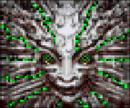 a pixel art of a face with green eyes