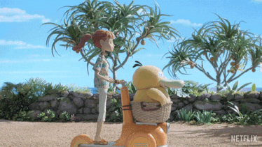 a girl pushes a stuffed duck on a scooter with a netflix logo in the background