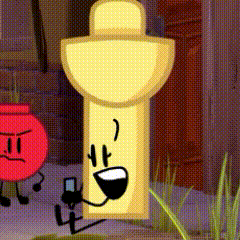 a yellow object with a face and arms is standing next to a red object with an angry face .