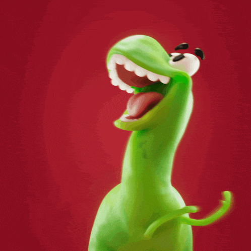 a green cartoon character with its mouth open