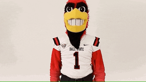 a mascot is wearing a ball state jersey with the number 1 on it