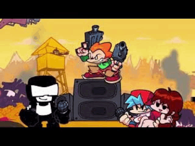 a group of cartoon characters are standing next to each other on top of a speaker in a video game .
