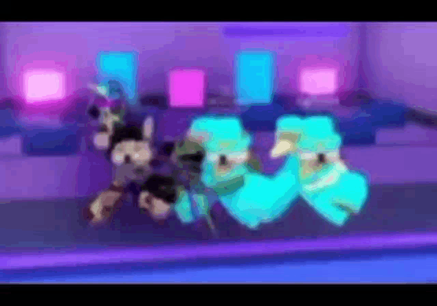 a group of cartoon characters are standing next to each other in a room .